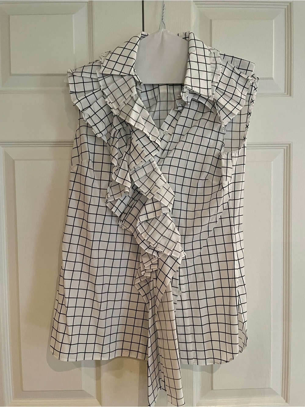 MONSE White and Black Grid Ruffle Sleeveless Blouse